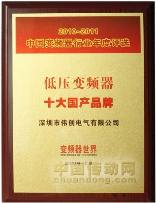 偉創(chuàng)電氣榮獲2010～2011年度“中國低壓變頻器十大國產(chǎn)品牌”稱號